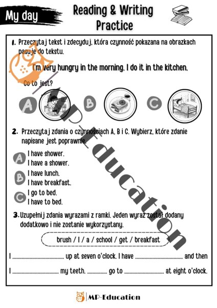 My day - ćwiczenia w czytaniu i pisaniu + godziny