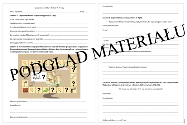 Sprawdzian z lektury Zemsta + odpowiedzi