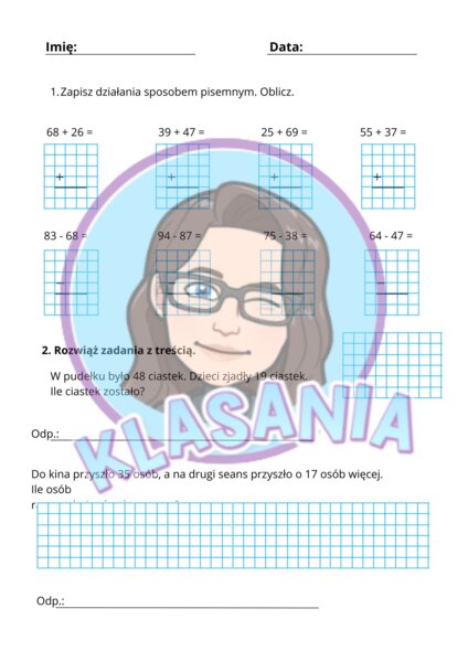 Kartkówka / Karta pracy – Dodawanie i odejmowanie pisemne Klasa 3