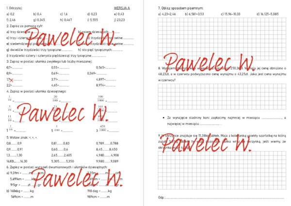 UŁAMKI DZIESIĘTNE - sprawdzian z całego działu kl. 6  - 2 wersje/grupy