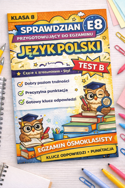 Test/sprawdzian E8– język polski (Test B) z 17 zadaniami egzaminacyjnymi. Tekst, P/F, styl, funkcja, gramatyka + odpowiedzi i punktacja.