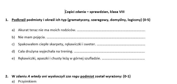 Sprawdzian z zakresu części zdania (klasa 7/8)