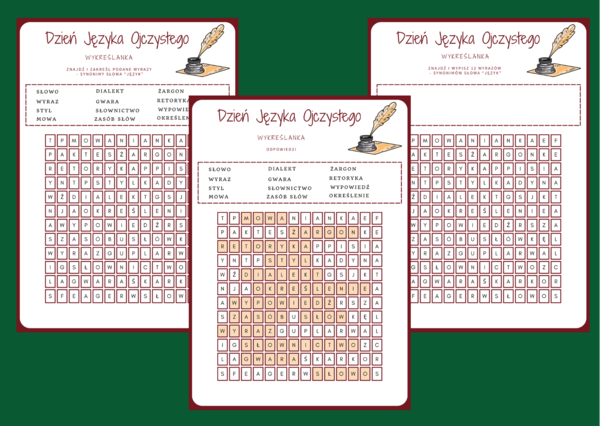 DZIEŃ JĘZYKA OJCZYSTEGO – wykreślanka – karta pracy - biblioteka - świetlica - język polski
