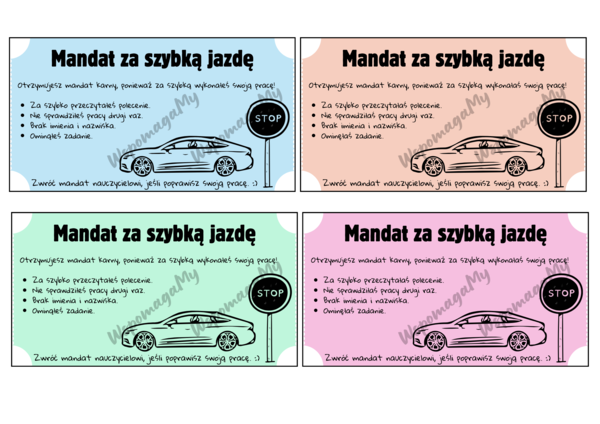 Mandat za szybką jazdę! Fiszki dla dzieci klasy 1-3, dla nauczyciela