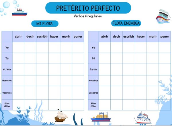Gra w statki - plansze do gry z hiszpańskimi czasownikami (czasy przeszłe)