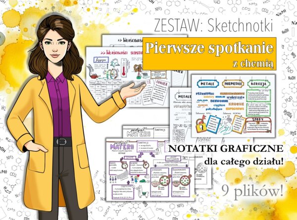 Klasa 7. Chemia. Pierwsze spotkanie z chemią. Substancje i ich przemiany. Sketchnotki/Notatki graficzne do całego działu. PAKIET! Karta pracy. Zadanie.