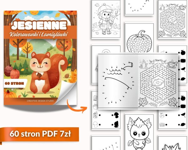 🍁 Jesienne Kolorowanki i Łamigłówki – 60 stron zabawy! 🍁💚