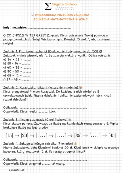 Wielkanocna Matematyka: Przygoda Zajączka – Karta Pracy (Klasa 2)