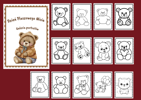 DZIEŃ PLUSZOWEGO MISIA – Galeria portretów - kolorowanka - kolorowanki – biblioteka – świetlica – przedszkole – 24 wersje