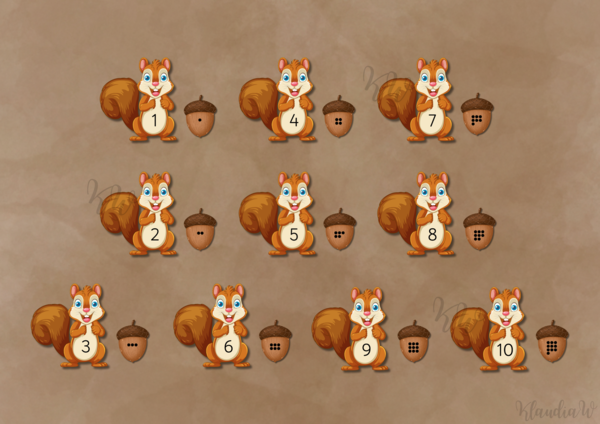 Liczenie do 10 - wiewiórki i żołędzie