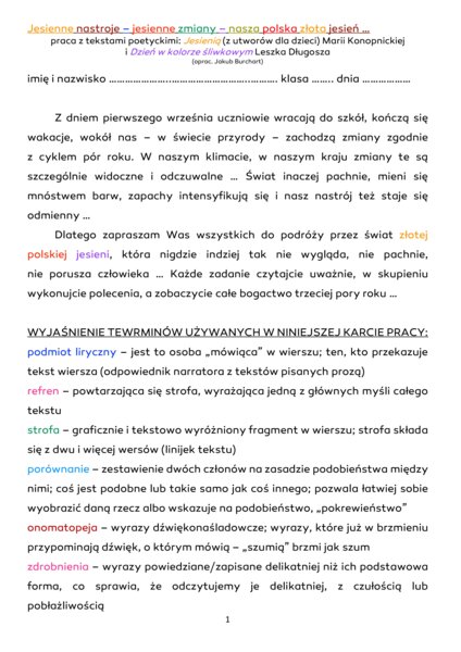 Jesień - jesienne nastroje w wierszach Marii Konopnickiej "Jesienią" i Leszka Długosza "Dzień w kolorze śliwkowym".