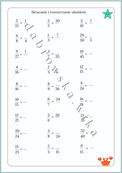 Skracanie i rozszerzanie ułamków - karta pracy