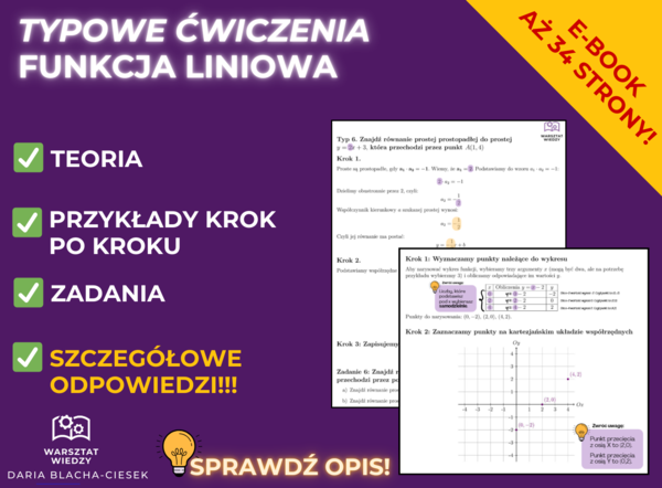 Funkcja liniowa - typowe zadania i szczegółowe odpowiedzi! Niezbędnik do sprawdzianu i matury dla każdego ucznia. Zestawy zadań na lekcję. *zadania z funkcji liniowej*