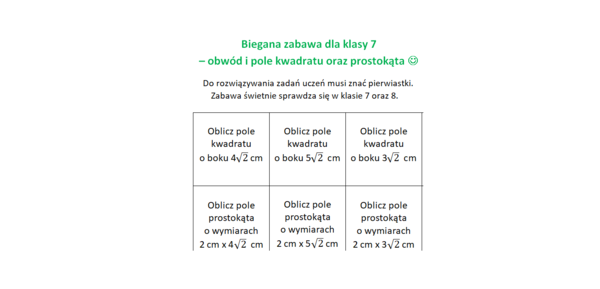 Biegana zabawa. Pole, obwód prostokąta oraz kwadratu. Zawiera pierwiastki. Klasa 7.