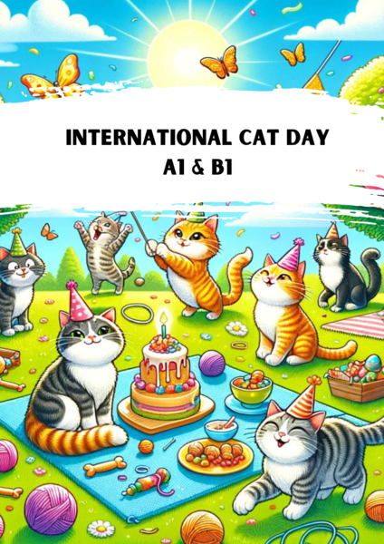 International Cat Day Poziom A1 dla dzieci oraz B1 Karty pracy Gotowa lekcja Worksheet