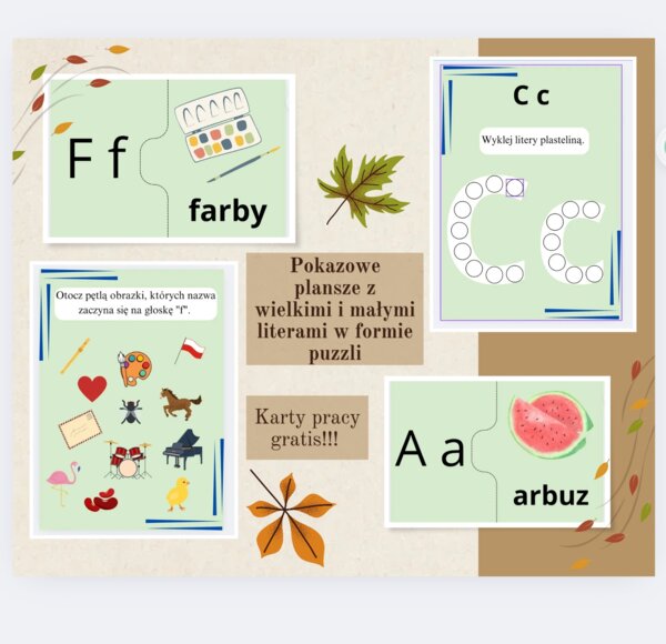 Plansze pokazowe wielkie i małe litery w formie puzzli + karty pracy