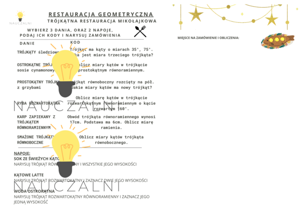 Mikołajkowa karta pracy - restauracja geometryczna o trójkątach - klasa 5