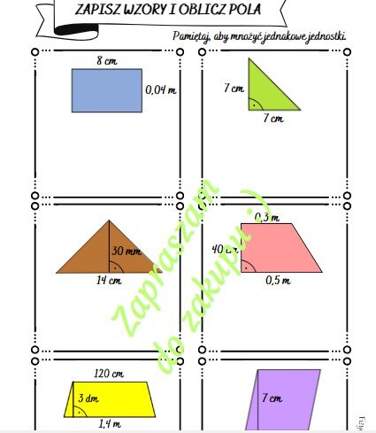 Obliczanie pól wielokątów - karta pracy lub kartkówka (klasa 7-8).
