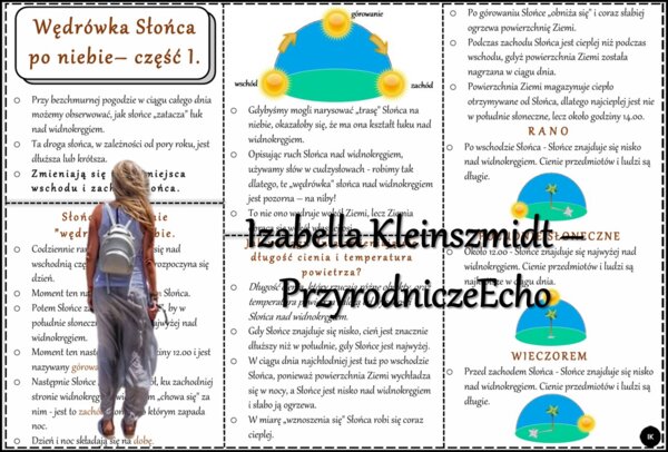 Książeczka/sketchnotka/notatka/wklejka/ściąga dla ucznia i przypomnienie dla nauczyciela/edukacja domowa. Temat „Wędrówka Słońca po niebie w ciągu dnia” w pdf. Przyroda 4, dział „Poznajemy pogodę i inne zjawiska przyrodnicze”. Nowość 2024/2025.