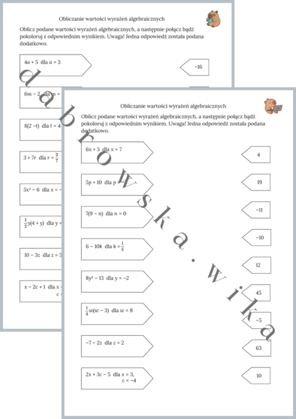 Obliczanie wartości wyrażeń algebraicznych - połącz bądź pokoloruj