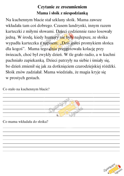 Teksty o mamie - czytanie ze zrozumieniem dla klas 1-3 "Mama i rysunek, który zmienił wszystko", "Mama i słoik z niespodzianką". Teksty+ pytania+ zadanie graficzne.