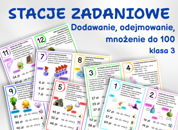 STACJE ZADANIOWE – Sklep Czarodzieja, dodawanie, odejmowanie, mnożenie do 100, klasa 3, zakupy, pieniądze, koniec roku