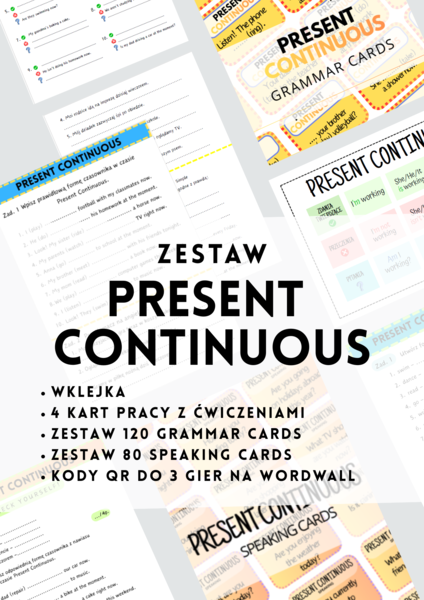 ZESTAW - Present Continuous - 4 karty pracy - ćwiczenia - test - kartkówka - wklejka - 80 Speaking Cards - 120 Grammar Cards - bonus - gry na Wordwall