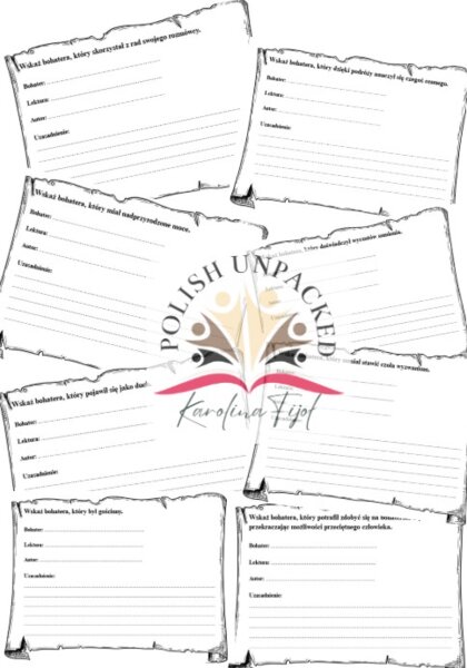 42 karty "Wskaż bohatera, który...", powtórki egzamin ósmoklasisty, lektury obowiązkowe