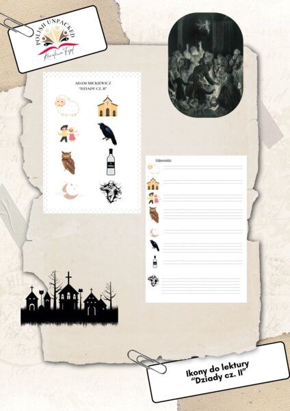Ikony (obrazki) do lektury "Dziady cz. II" Juliusza Słowackiego, język polski, egzamin ósmoklasisty, lektura obowiązkowa klasa 7-8