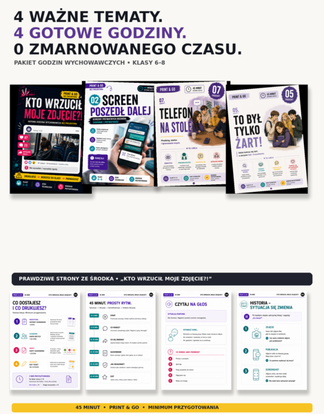 Pakiet 4 godzin wychowawczych | Prywatność, telefon, żarty i relacje | Klasy 6–8 | PRINT & GO