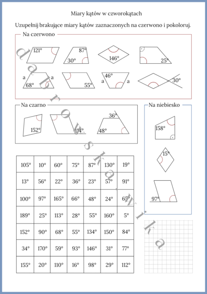 Miary kątów w czworokątach - kodowanka