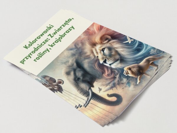 Karty do kolorowania z motywami przyrodniczymi (zwierzęta, rośliny, krajobrazy).