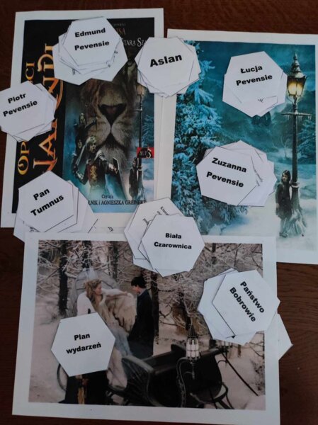 Bohaterowie "Opowieści z Narnii..." w plastrach miodu zamknięci + plan wydarzeń.