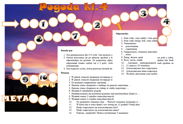 Gra planszowa dla klasy 4 na podsumowanie działu "Poznajemy pogodę i inne zjawiska przyrodnicze"