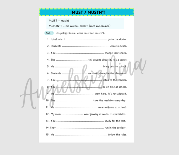 MUST / MUSTN'T - karta pracy - ćwiczenie  - zadanie - gramatyka - uzupełnianie luk