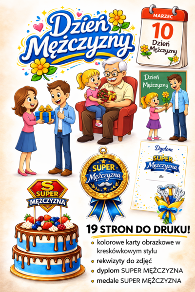 Dzień Mężczyzny – zestaw dekoracji i rekwizytów do druku (19 stron PDF)
