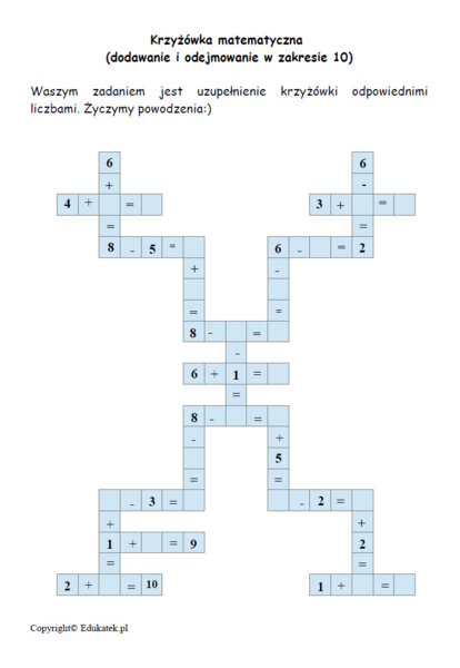 Matematyczne krzyżówki - doskonalenie dodawania i odejmowania