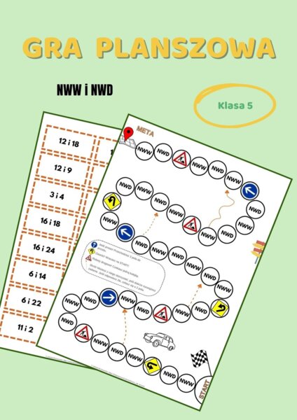 NWW i NWD, gra planszowa, wielokrotności i dzielniki, klasa 5