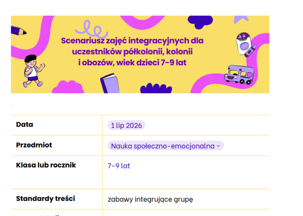 Scenariusz zajęć integracyjnych dla uczestników półkolonii, kolonii i obozów, wiek dzieci 7-9 lat, canva