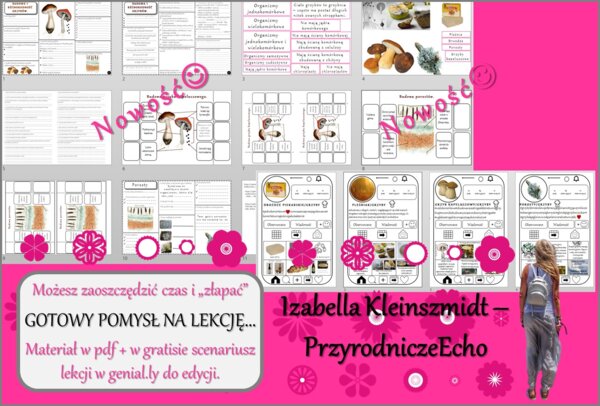 Pomysł na lekcję/karta pracy/stacje zadaniowe/materiał do lekcji do tematu „Budowa i różnorodność grzybów. Porosty” w pdf. W gratisie niekomercyjny scenariusz lekcji/pomysł na lekcję w programie genial.ly do edycji. Biologia 5. Dział „Wirusy, bakterie, g