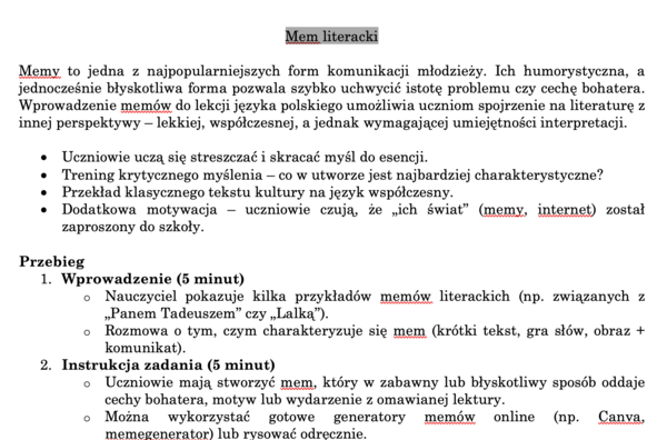 Mem literacki - scenariusz ćwiczenia + przykłady