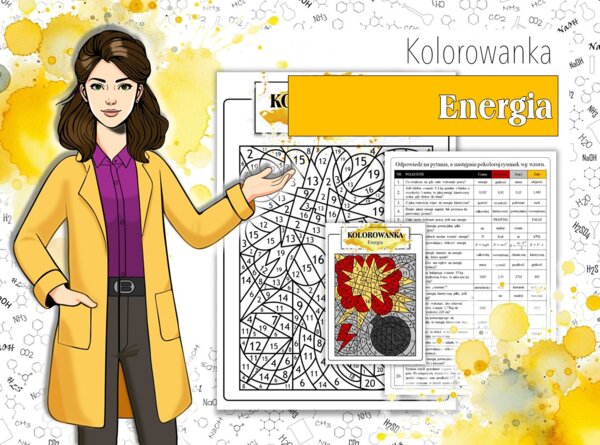 Klasa 7. Fizyka. Energia. Pojęcia, wzory i zadania. Kolorowanka fizyczna. Karta pracy. Zadanie. MOC powtórki.
