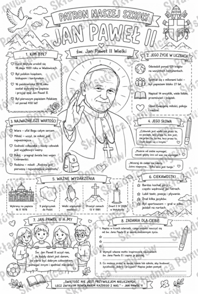 JAN PAWEŁ II – patron naszej szkoły: sketchnotka, kolorowanka i karta pracy