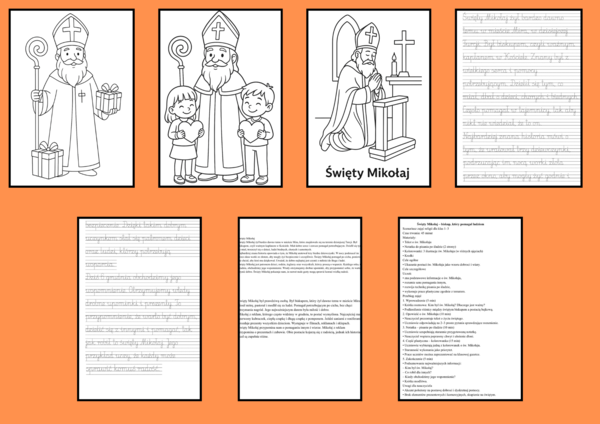 7 stron Święty Mikołaj – scenariusz zajęć + tekst + 3 kolorowanki + pisanie po śladzie (kl. 1–3)