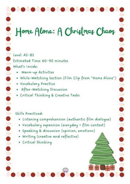 🎬 Home Alone: A Christmas Chaos – Vocabulary, Emotions & Family Fun (Materiał do nauki angielskiego na podstawie filmu „Kevin sam w domu”) – poziom A2–B2, 6 stron, Kevin sam w domu, święta, film po angielsku, słuchanie, mówienie, pisanie, słownictwo, emo