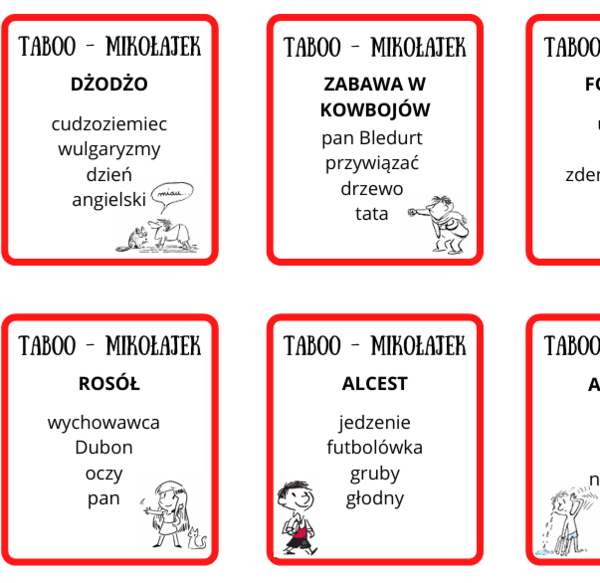 Mikołajek: gra taboo, tematy wypracowań i wykreślanka