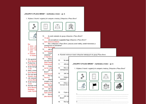 CHŁOPCY Z PLACU BRONI – egzamin - lektury - sprawdzian – kartkówka- 2 grupy + odpowiedzi