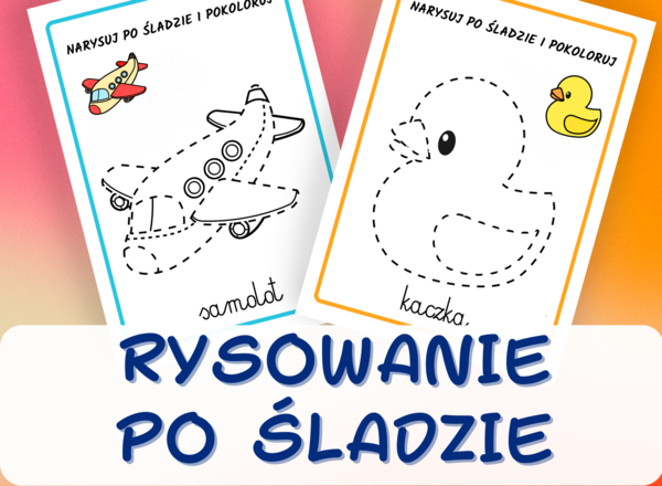 RYSOWANIE PO ŚLADZIE - 19 kart pracy, motoryka mała, ćwiczenie rączki, grafomotoryka, zrówka, klasa 1, przedszkole, kolorowanka