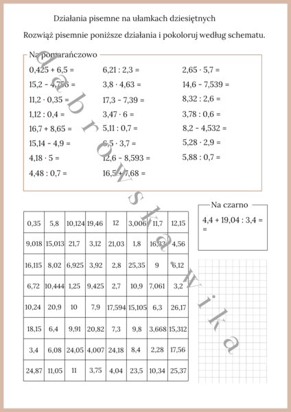 Działania pisemne na ułamkach dziesiętnych - kodowanie