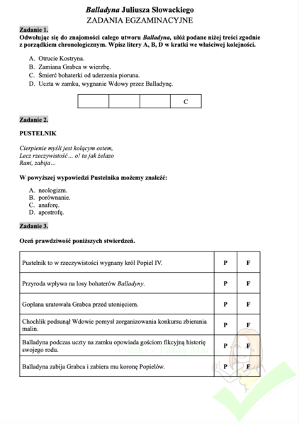 "Balladyna" zadania egzaminacyjne